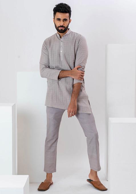 Grey Self Check Weave Florian Kurta Set For Men