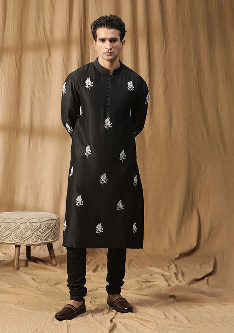 Black Floral Embroidered Parijaat Kurta Set - Indya