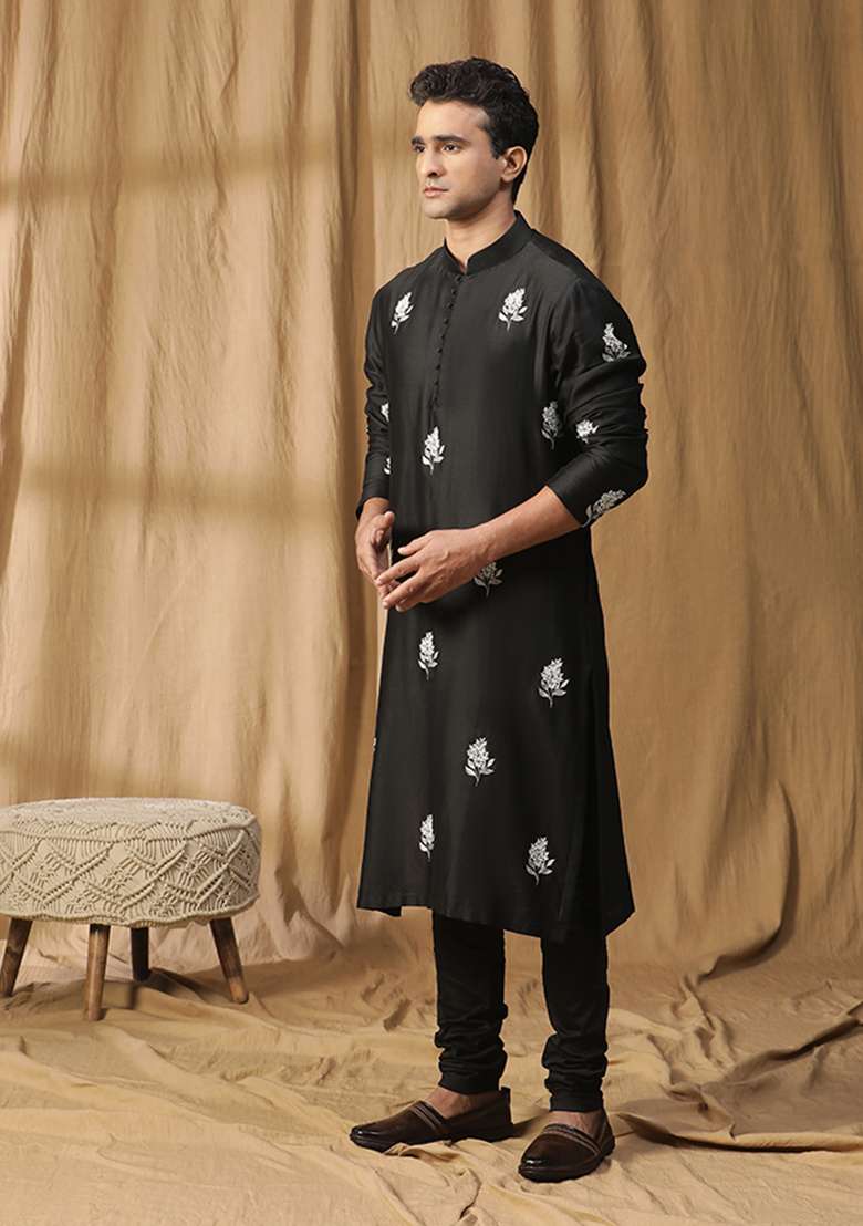 Black Floral Embroidered Parijaat Kurta Set - Indya
