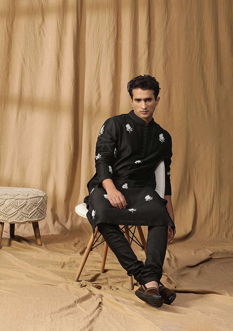 Black Floral Embroidered Parijaat Kurta Set - Indya