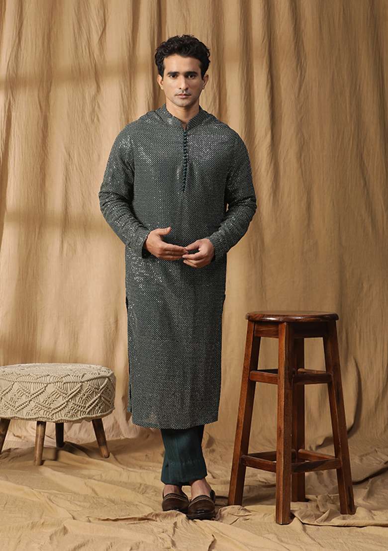 Green Sequin Embroidered Kurta Set - Indya