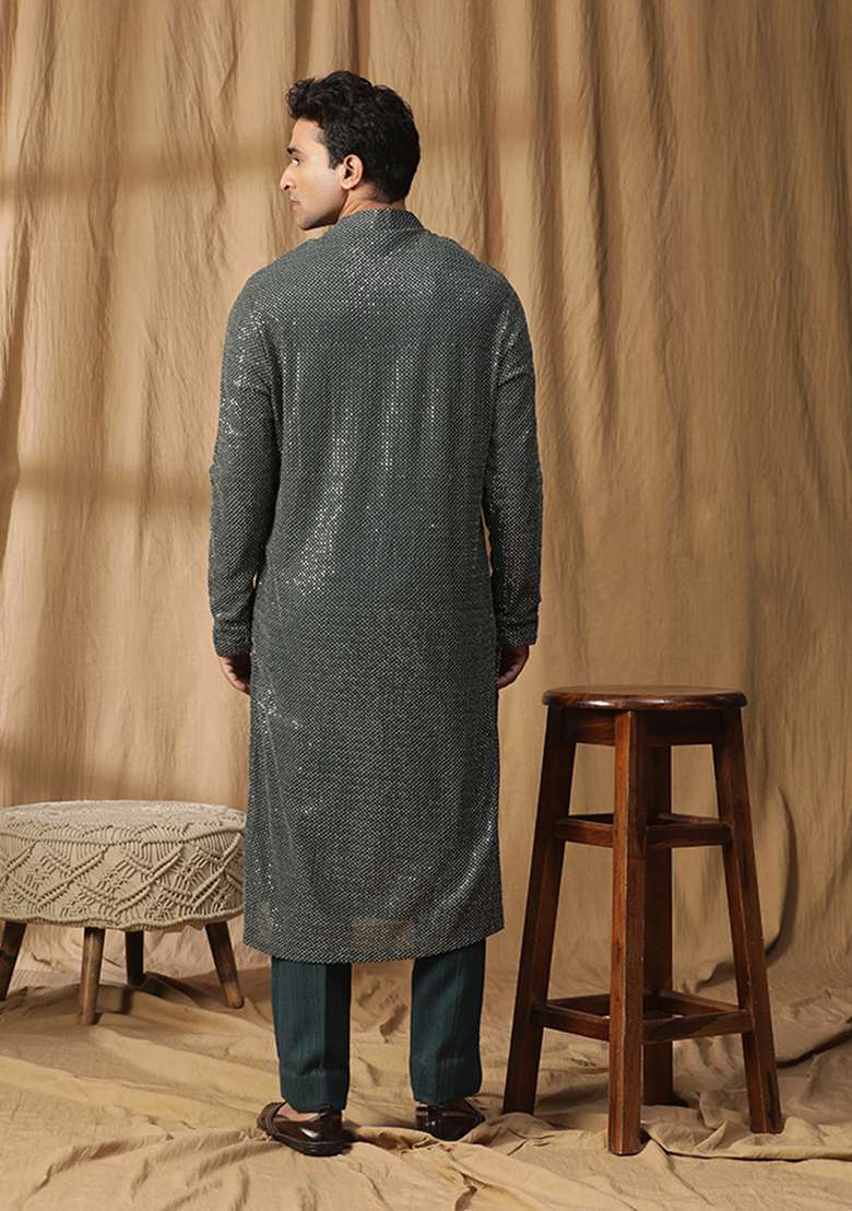 Green Sequin Embroidered Kurta Set - Indya