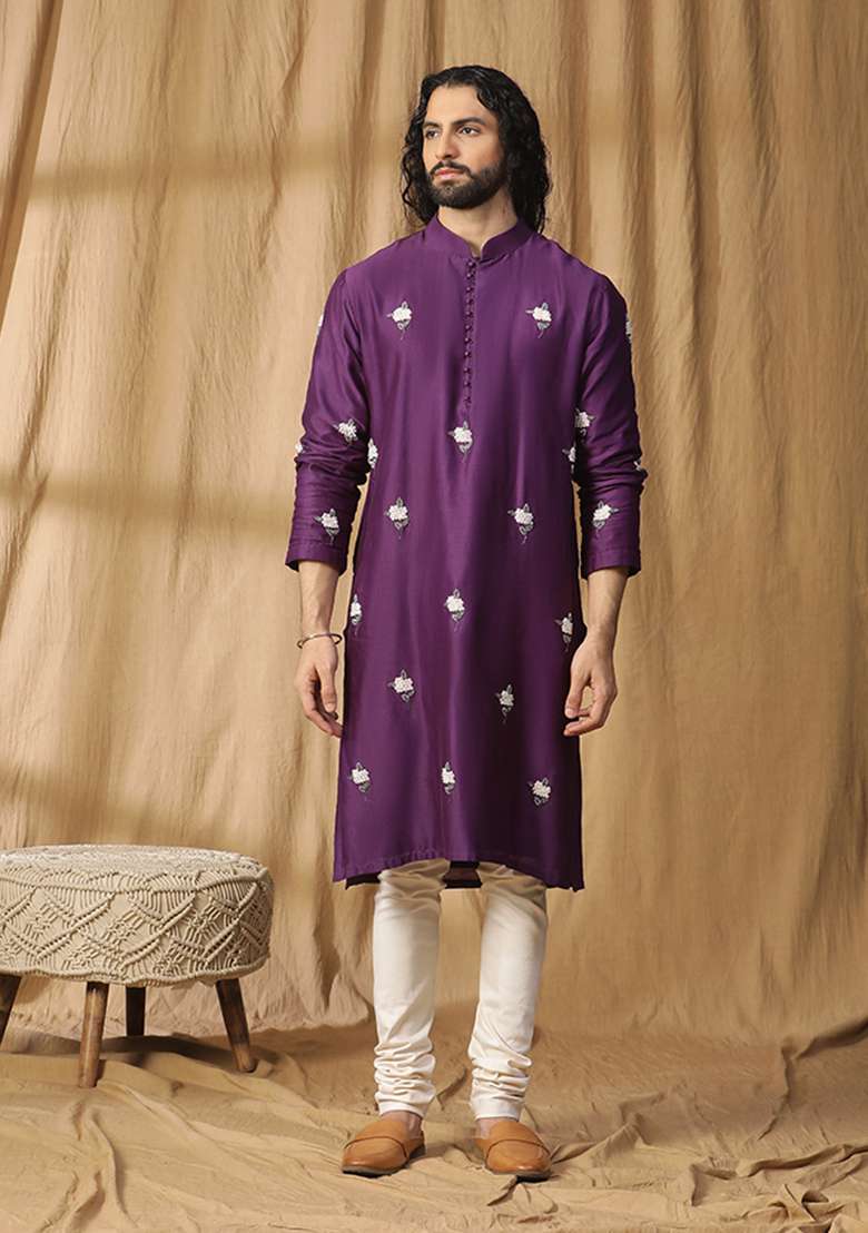 Purple Floral Embroidered Plum Kurta Set - Indya
