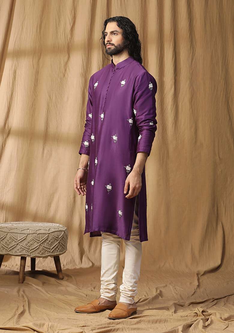 Purple Floral Embroidered Plum Kurta Set - Indya