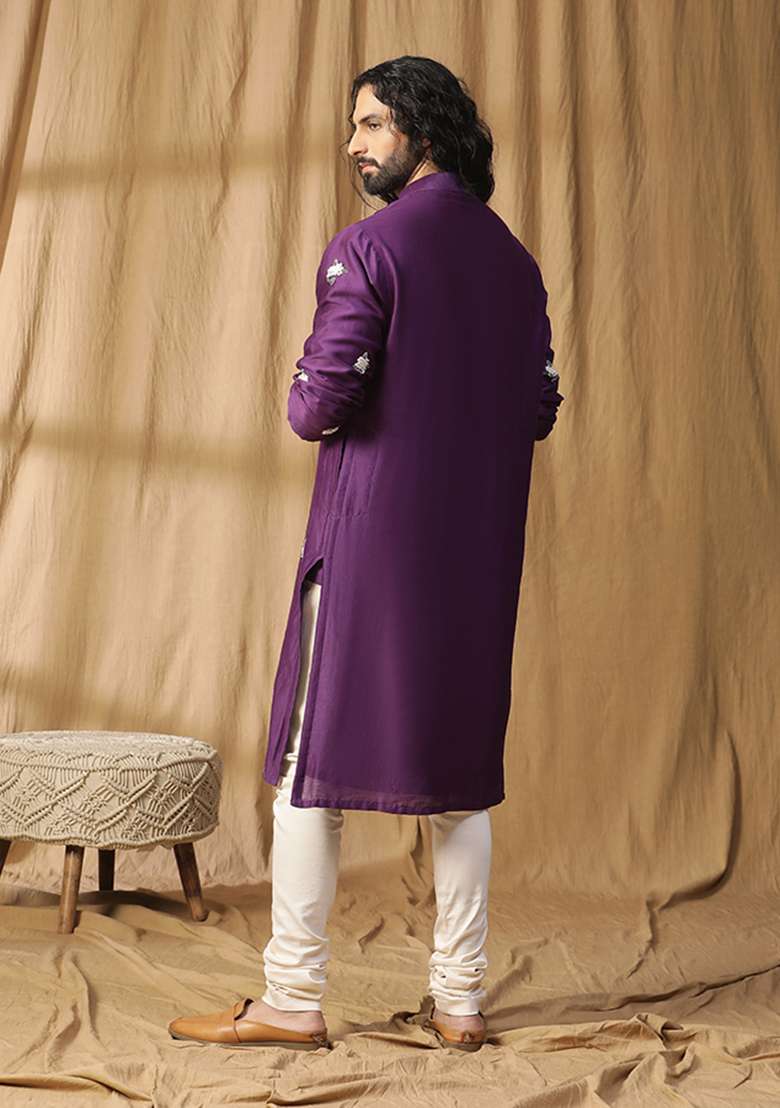 Purple Floral Embroidered Plum Kurta Set - Indya