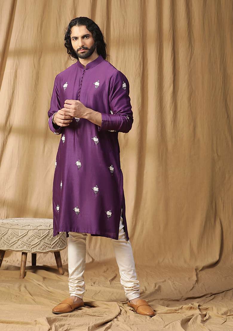 Purple Floral Embroidered Plum Kurta Set - Indya