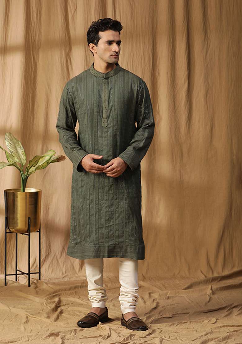 Green Embroidered Cotton Kurta Set - Indya