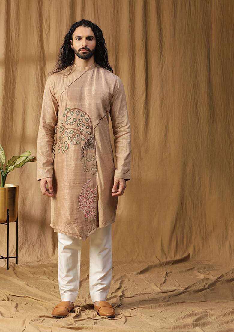 Beige Zardozi Embroidered Kurta Set - Indya