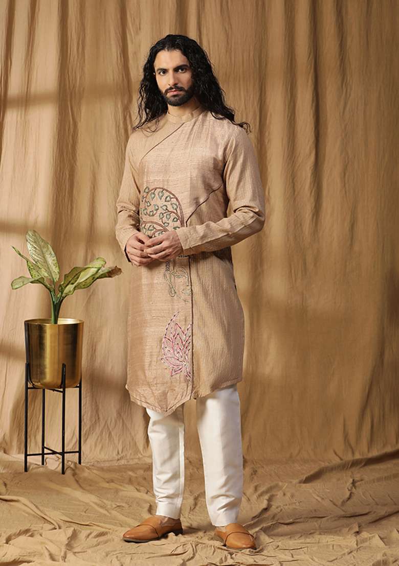 Beige Zardozi Embroidered Kurta Set - Indya