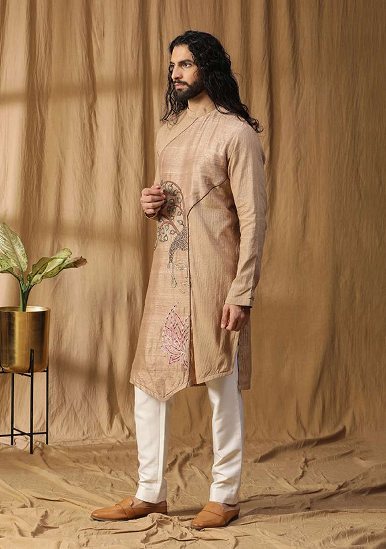 Beige Zardozi Embroidered Kurta Set - Indya