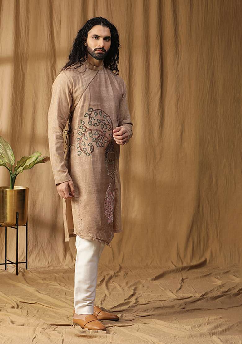 Beige Zardozi Embroidered Kurta Set - Indya
