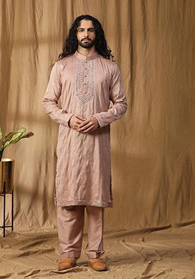 Rose Gold Zardozi Embroidered Silk Kurta Set