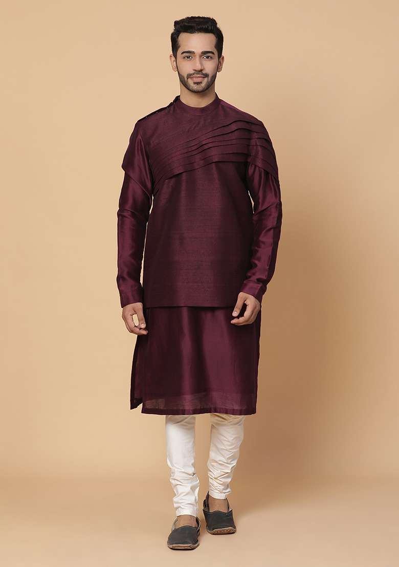 Maroon Embroidered Raw Silk Blend Kurta Set - Indya