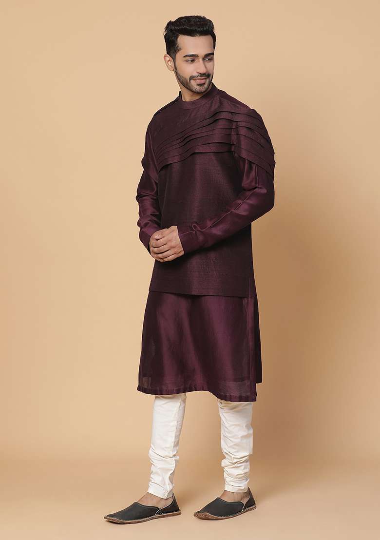 Maroon Embroidered Raw Silk Blend Kurta Set - Indya