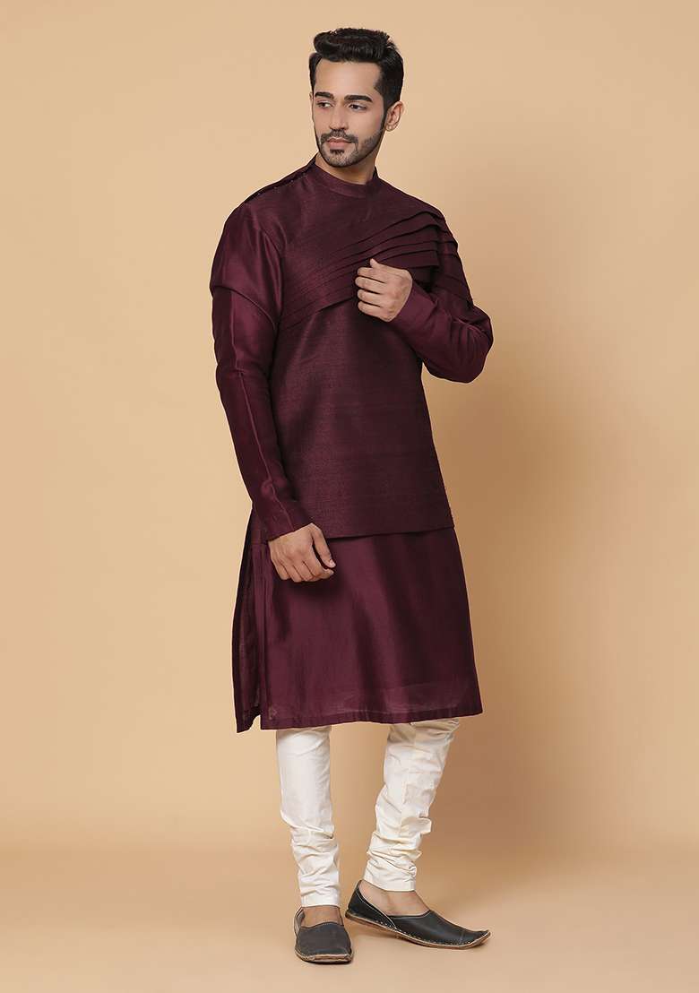 Maroon Embroidered Raw Silk Blend Kurta Set - Indya