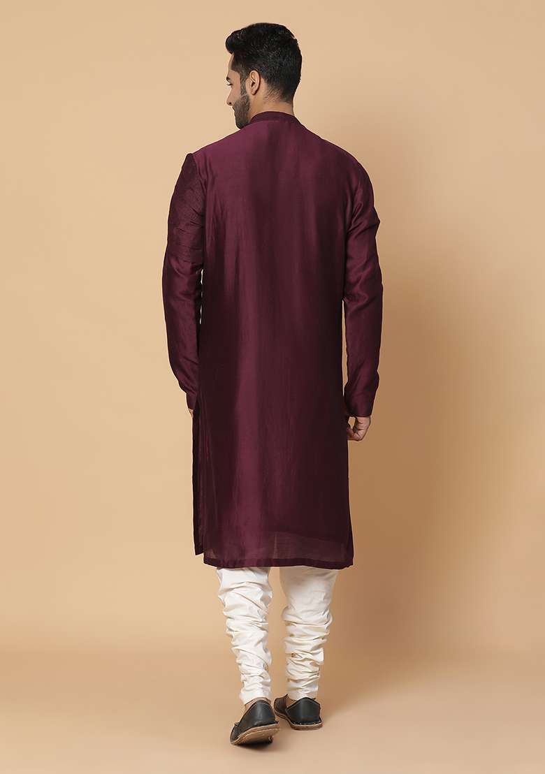 Maroon Embroidered Raw Silk Blend Kurta Set - Indya