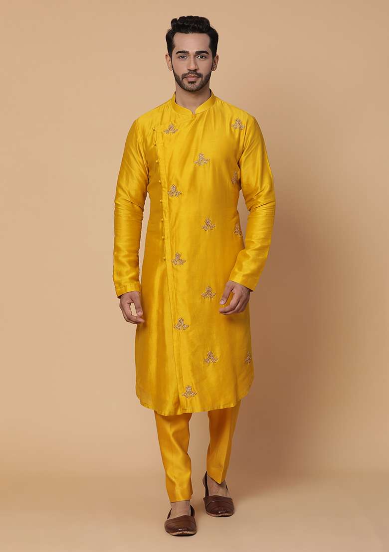 Mango Yellow Zardozi Embroidered Silk Blend Kurta Set - Indya