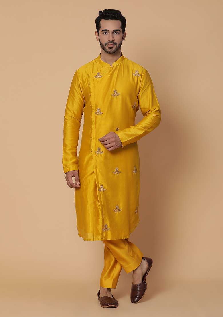 Mango Yellow Zardozi Embroidered Silk Blend Kurta Set - Indya