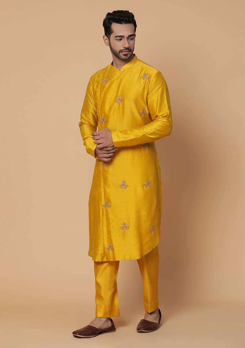 Mango Yellow Zardozi Embroidered Silk Blend Kurta Set - Indya