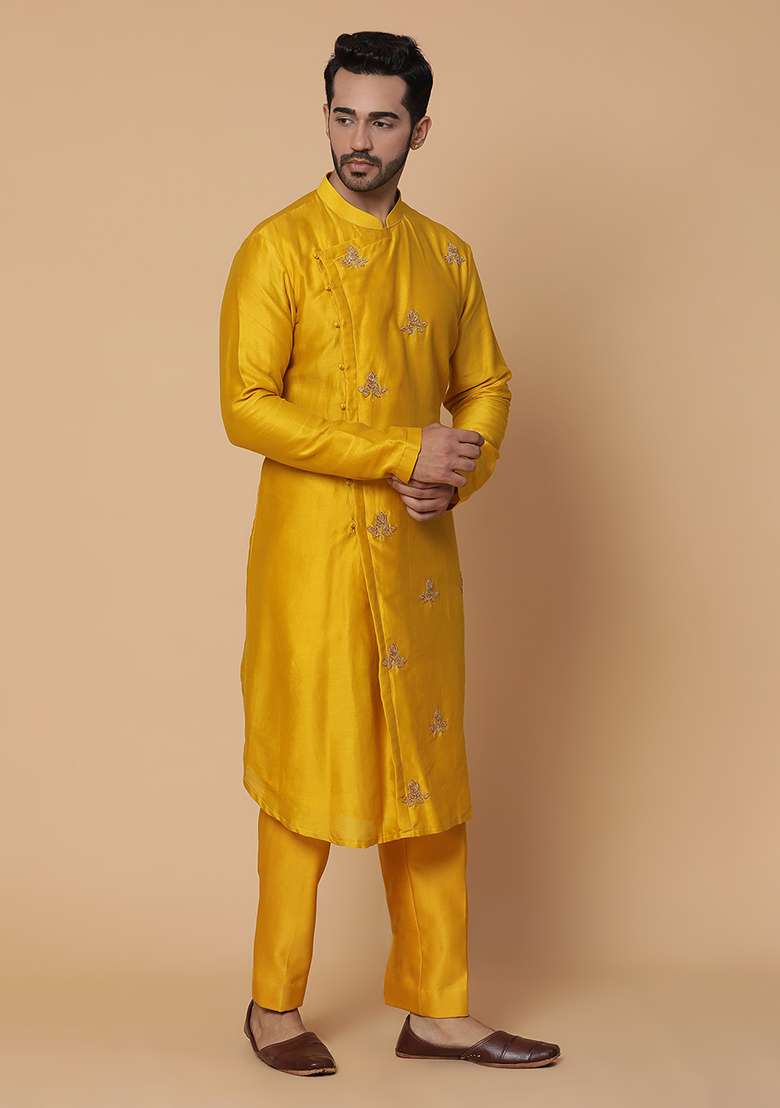 Mango Yellow Zardozi Embroidered Silk Blend Kurta Set - Indya