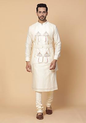 Cream Resham Embroidered Chanderi Silk Kurta Set