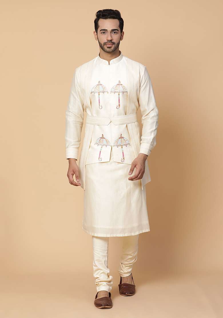 Cream Resham Embroidered Chanderi Silk Blend Kurta Set - Indya