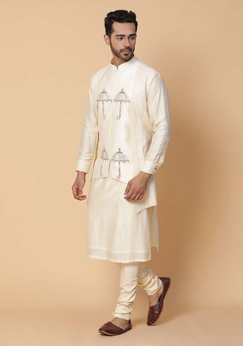 Cream Resham Embroidered Chanderi Silk Blend Kurta Set - Indya