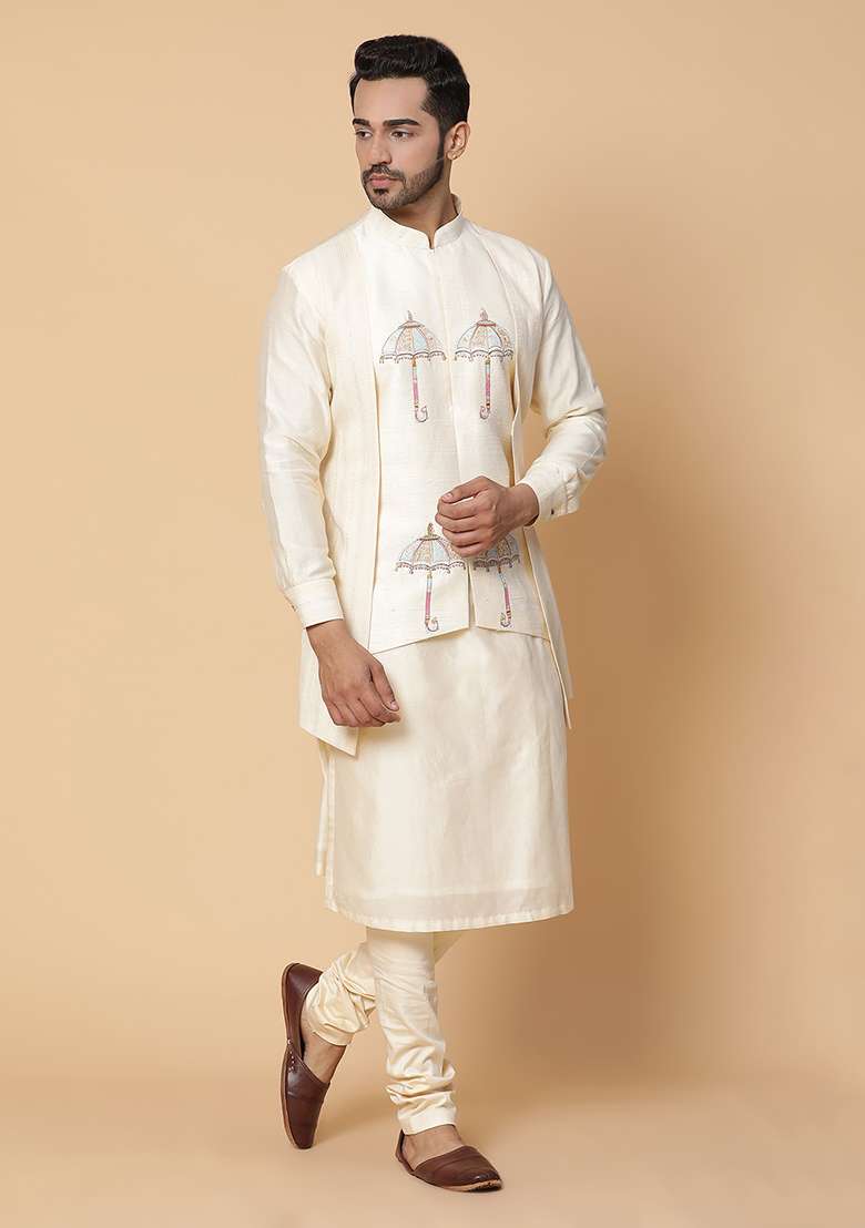 Cream Resham Embroidered Chanderi Silk Blend Kurta Set - Indya