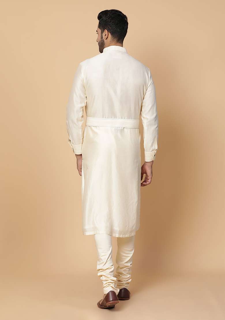 Cream Resham Embroidered Chanderi Silk Blend Kurta Set - Indya