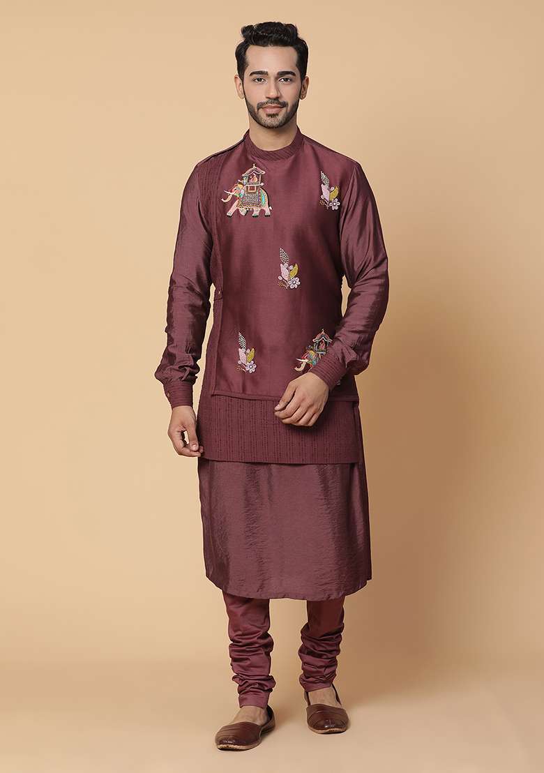 Maroon Zardozi Embroidered Chanderi Silk Blend Airavat Kurta Set - Indya