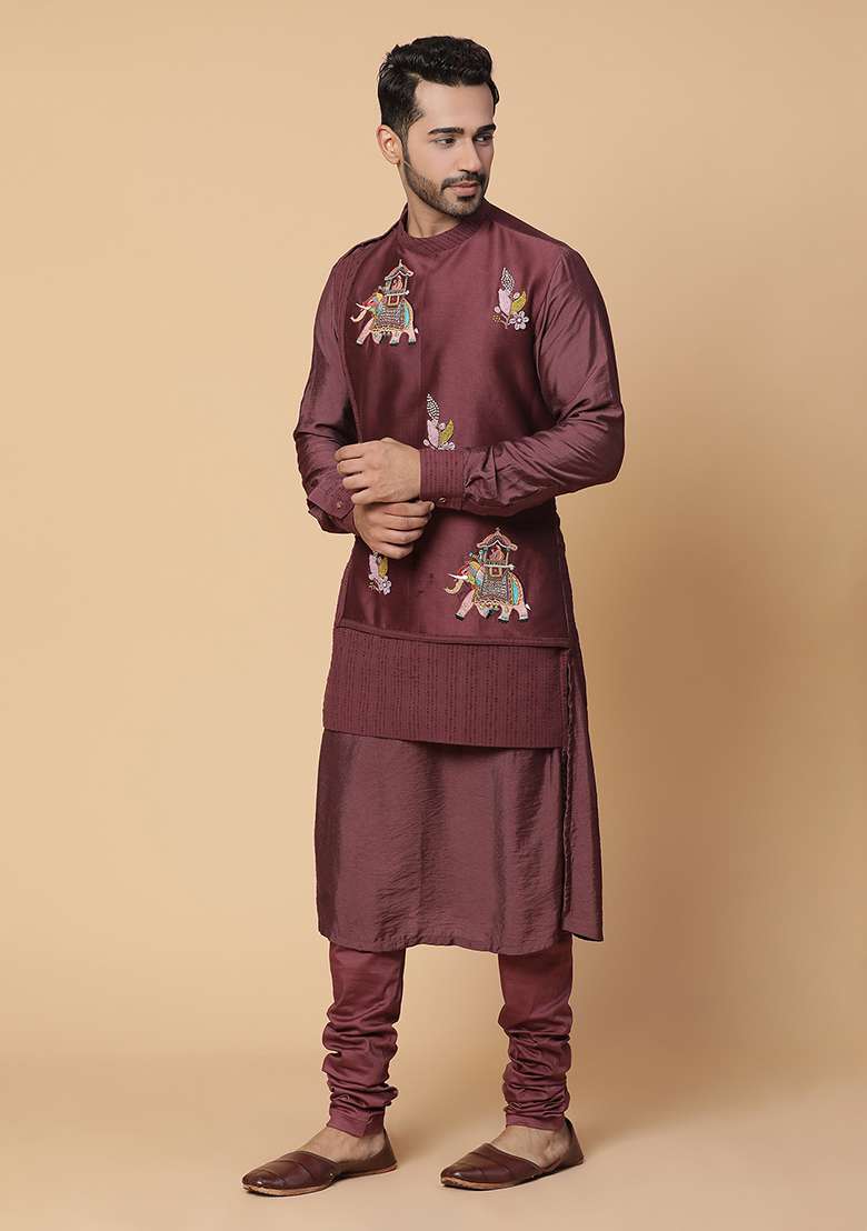 Maroon Zardozi Embroidered Chanderi Silk Blend Airavat Kurta Set - Indya