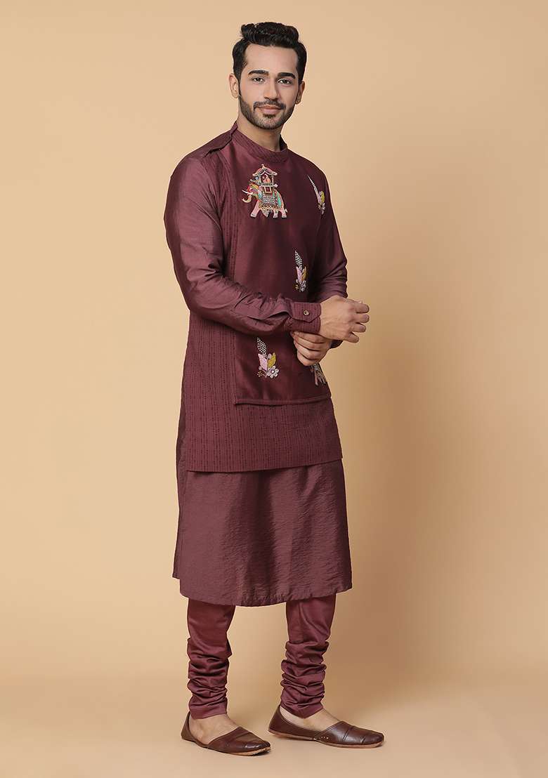 Maroon Zardozi Embroidered Chanderi Silk Blend Airavat Kurta Set - Indya