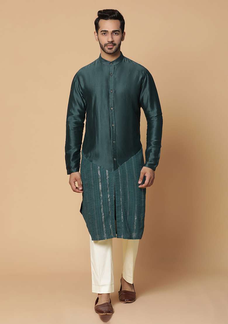 Green Embroidered Chanderi Silk Blend Kurta Set - Indya