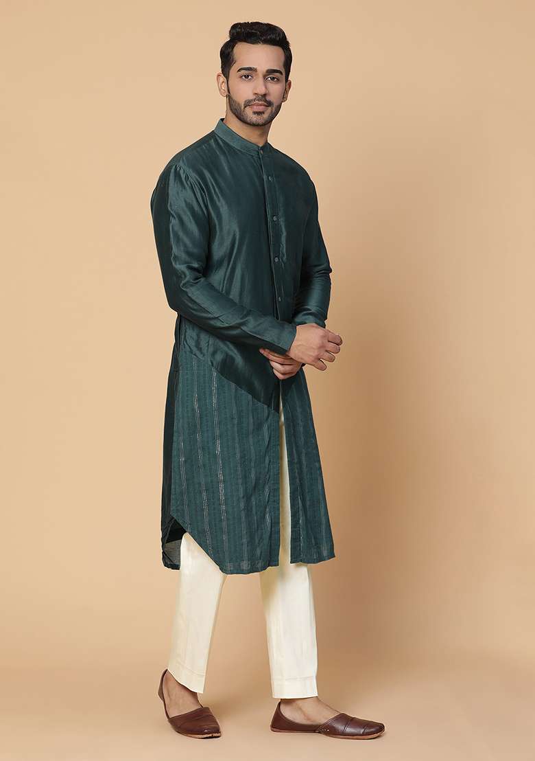 Green Embroidered Chanderi Silk Blend Kurta Set - Indya