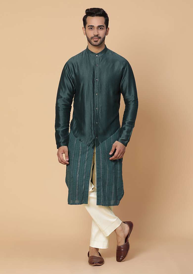 Green Embroidered Chanderi Silk Blend Kurta Set - Indya