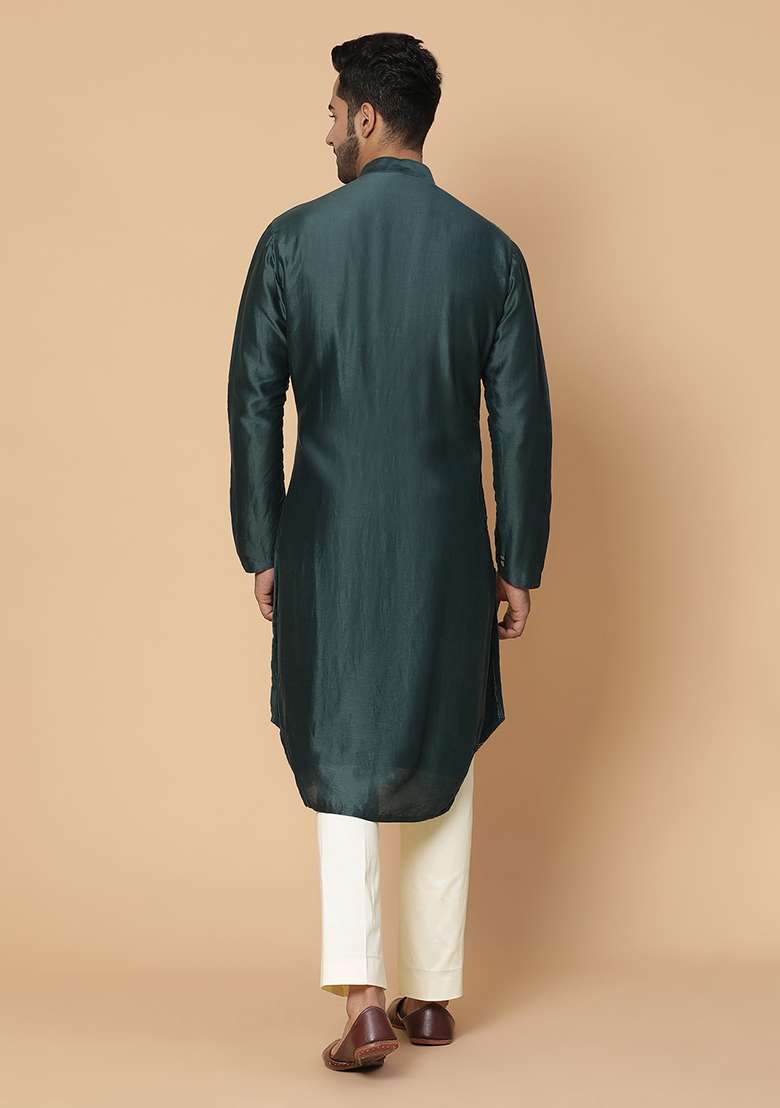 Green Embroidered Chanderi Silk Blend Kurta Set - Indya
