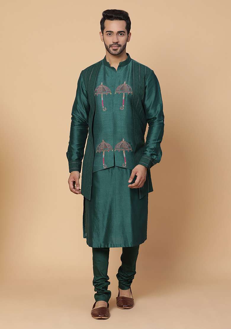 Green Resham Embroidered Chanderi Silk Blend Kurta Set - Indya
