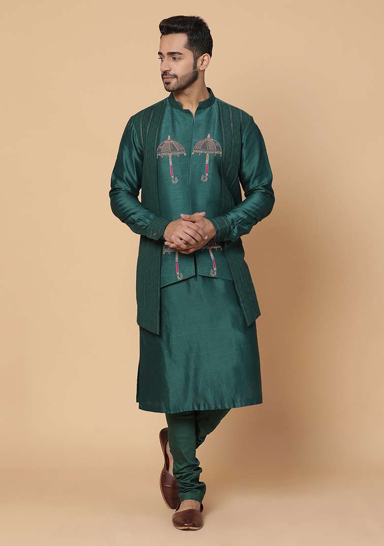 Green Resham Embroidered Chanderi Silk Blend Kurta Set - Indya