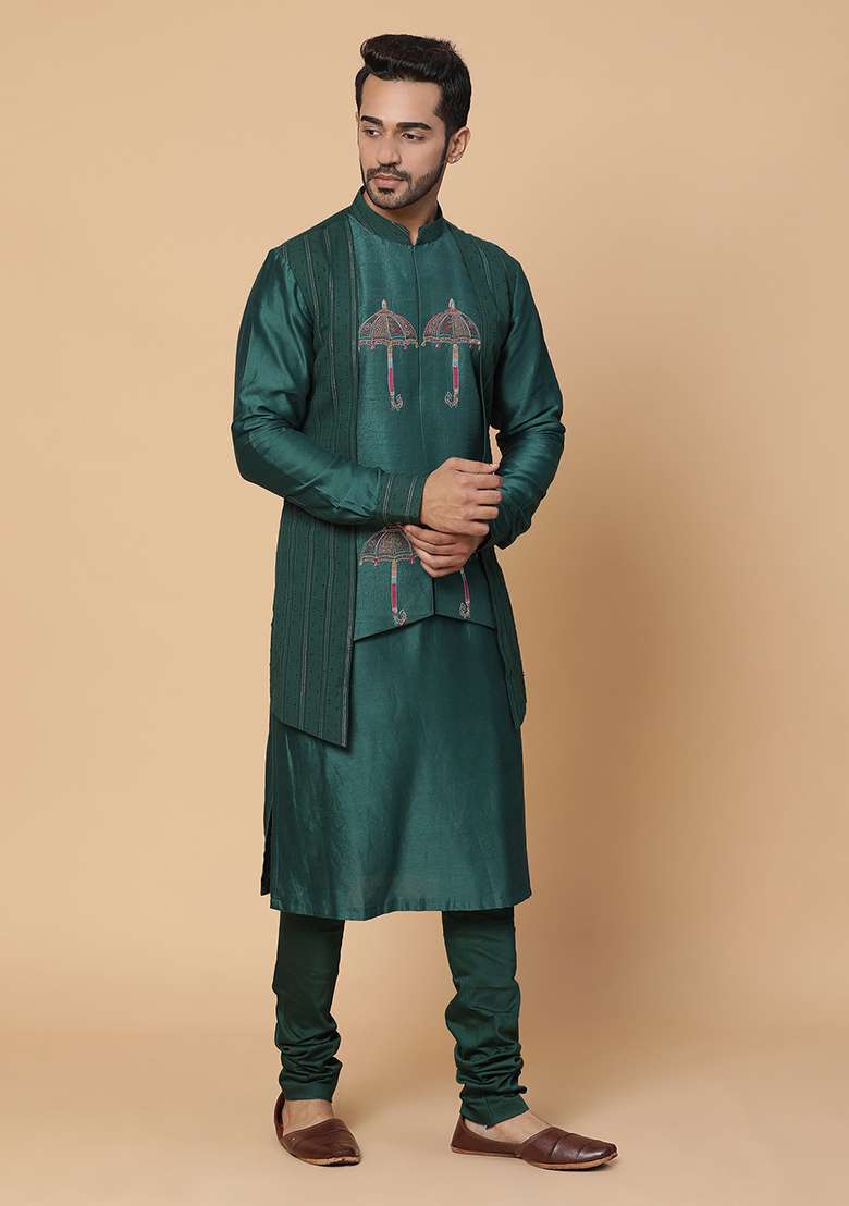 Green Resham Embroidered Chanderi Silk Blend Kurta Set - Indya
