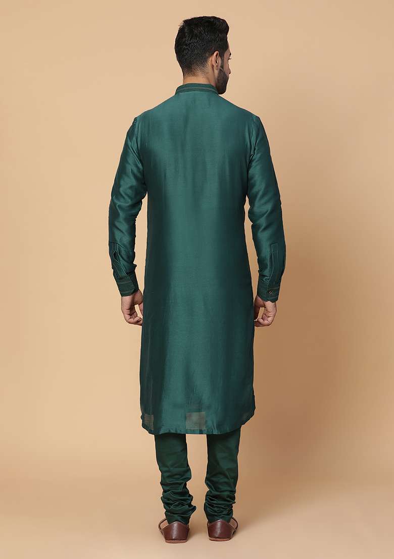 Green Resham Embroidered Chanderi Silk Blend Kurta Set - Indya
