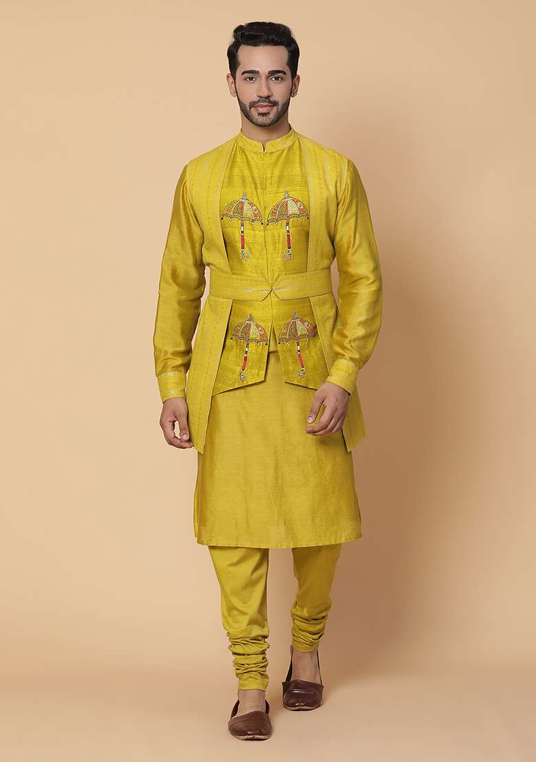 Mustard Green Resham Embroidered Kurta Set - Indya
