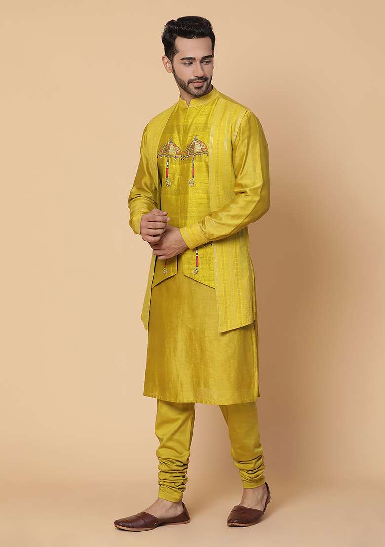 Mustard Green Resham Embroidered Kurta Set - Indya