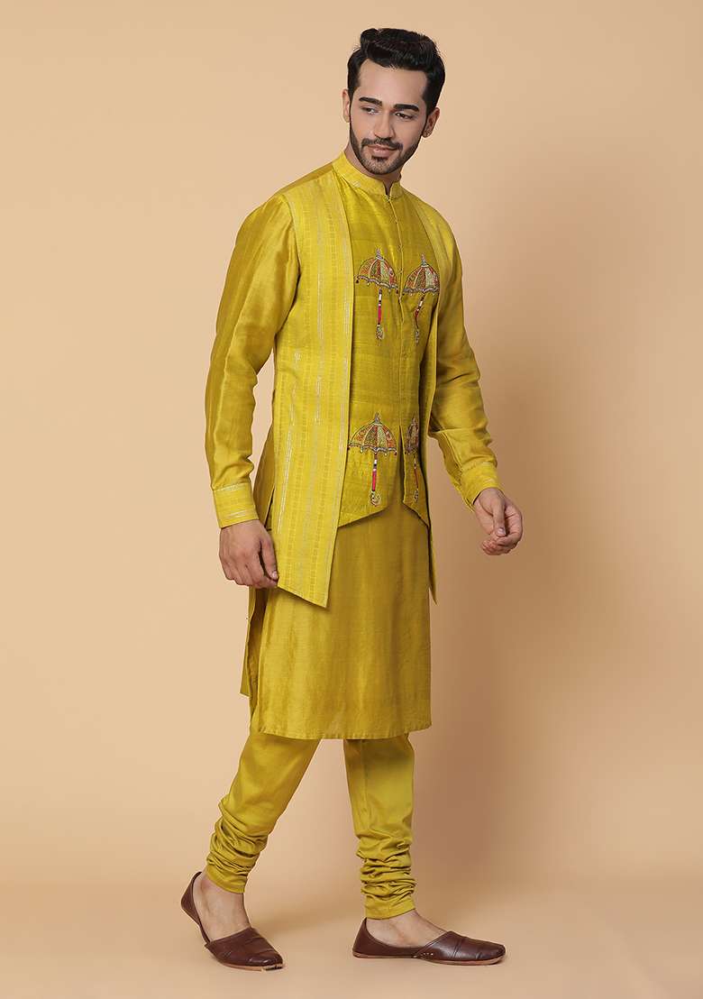 Mustard Green Resham Embroidered Kurta Set - Indya