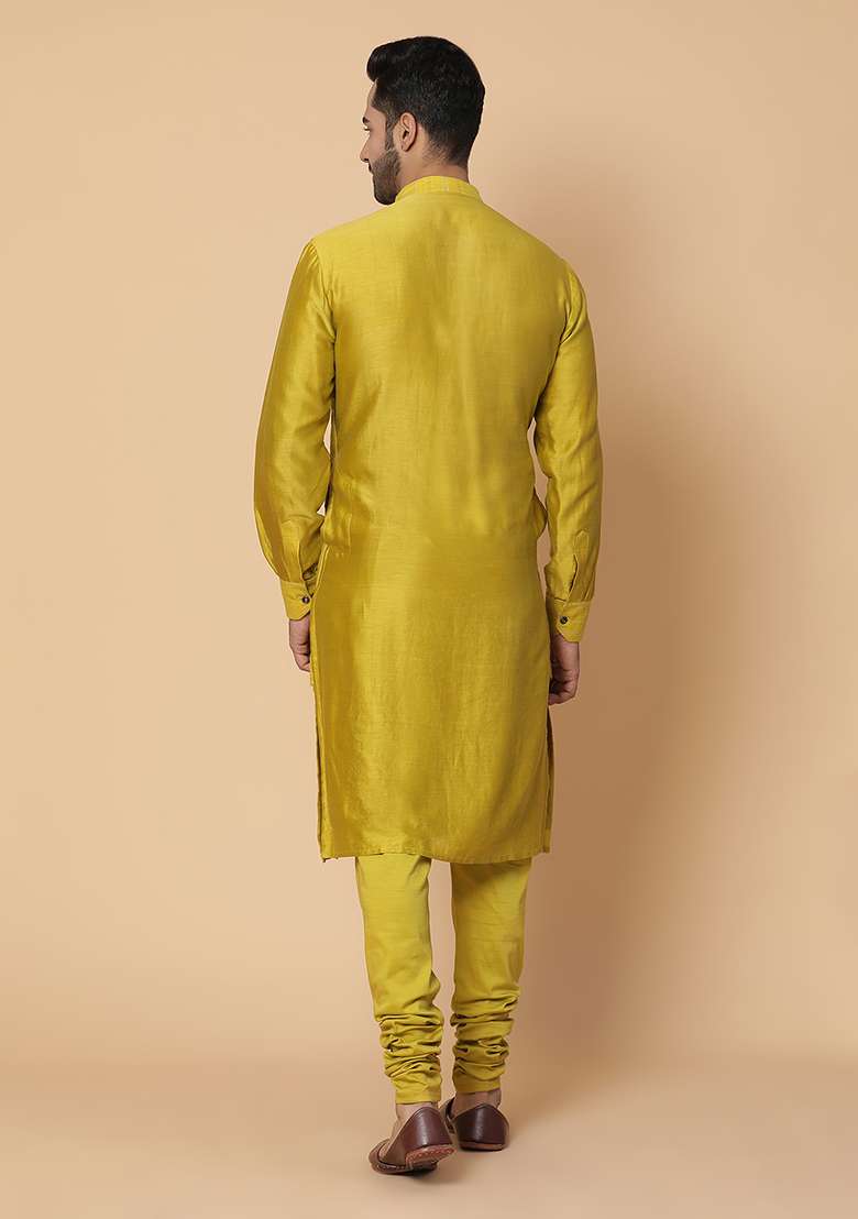 Mustard Green Resham Embroidered Kurta Set - Indya