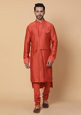 Orange Embroidered Chanderi Silk Blend Kurta Set