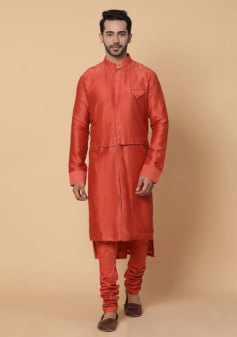 Orange Embroidered Chanderi Silk Blend Kurta Set - Indya