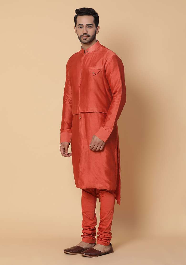 Orange Embroidered Chanderi Silk Blend Kurta Set - Indya