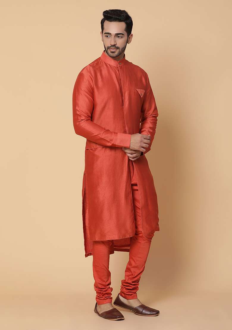 Orange Embroidered Chanderi Silk Blend Kurta Set - Indya