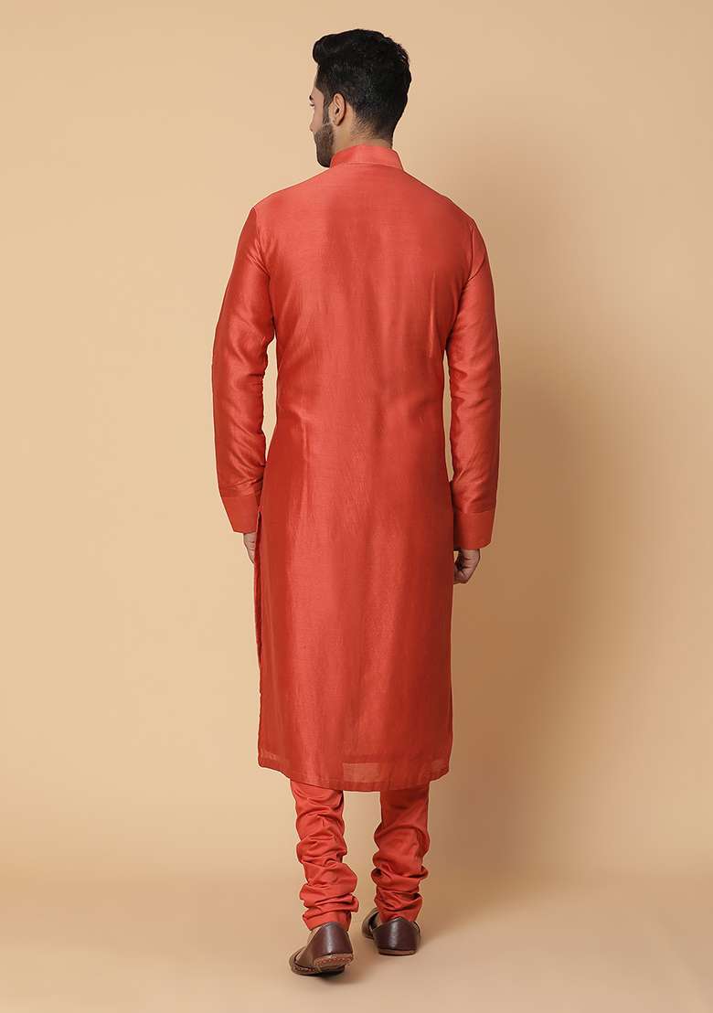 Orange Embroidered Chanderi Silk Blend Kurta Set - Indya