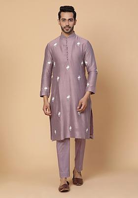 Purple Pearl Embroidered Chanderi Silk Kurta Set